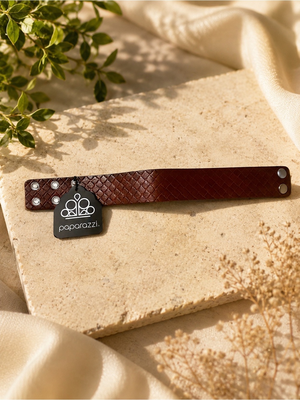 Paparazzi Men's Dark Brown Woven Leather Snap Bracelet